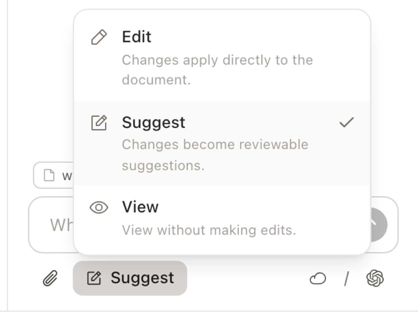 The chat's Suggest control, with Edit, Suggest and View