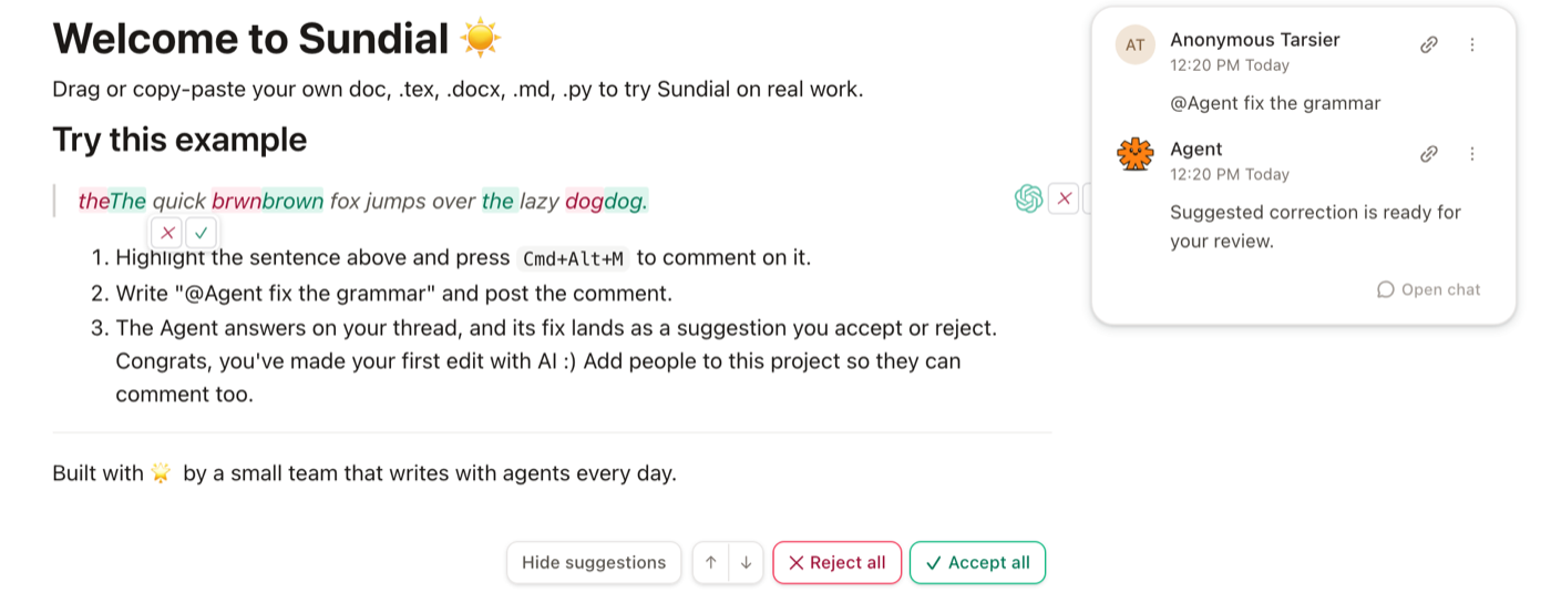 The comment, the reply, and the suggestion with accept and reject