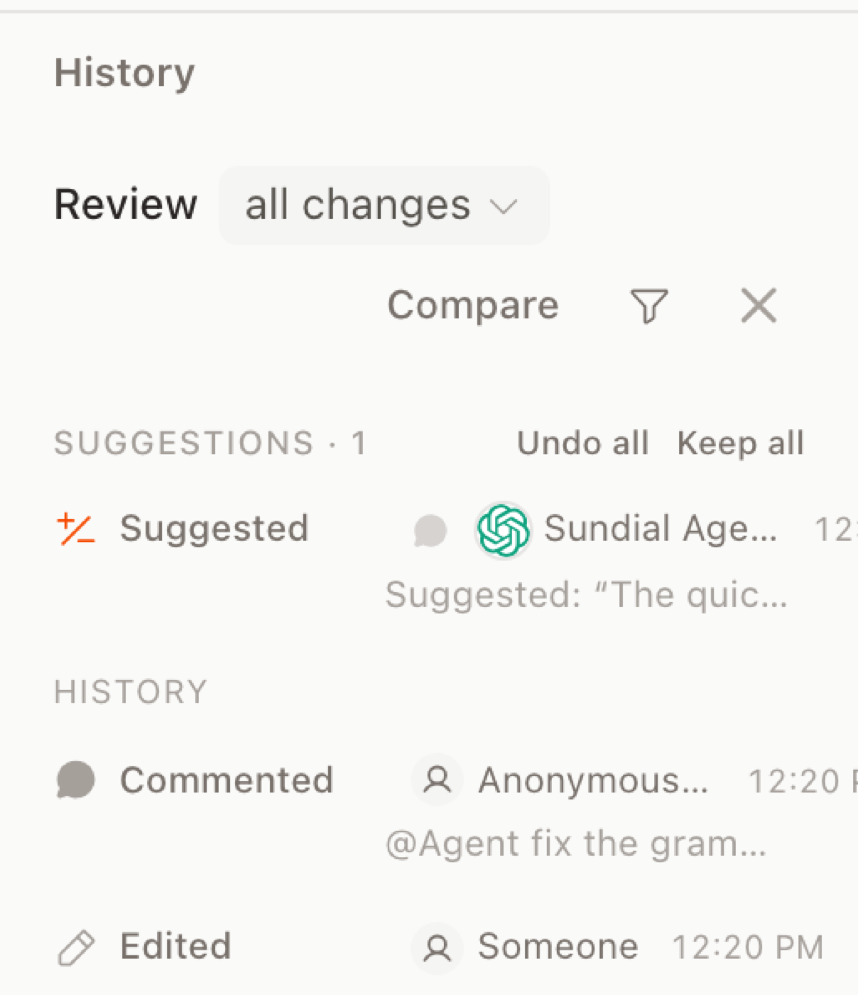 The History section: pending suggestions with Undo all and Keep all, then every edit and comment