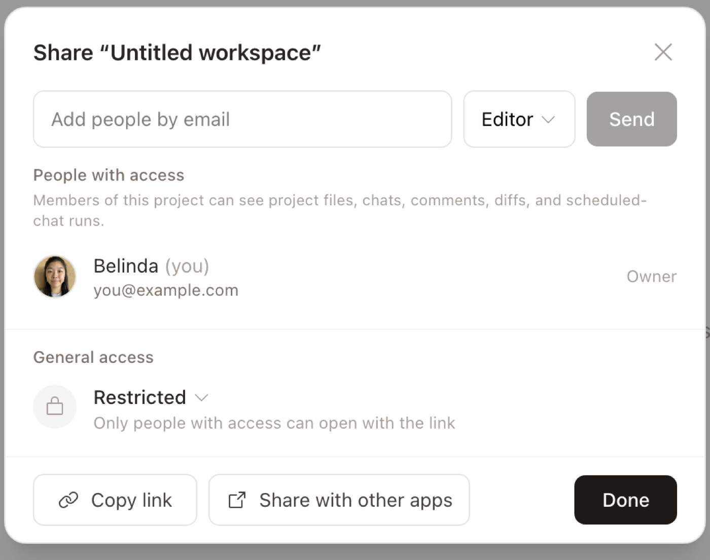 The Share dialog: invite by email with a role, the people with access, and general access