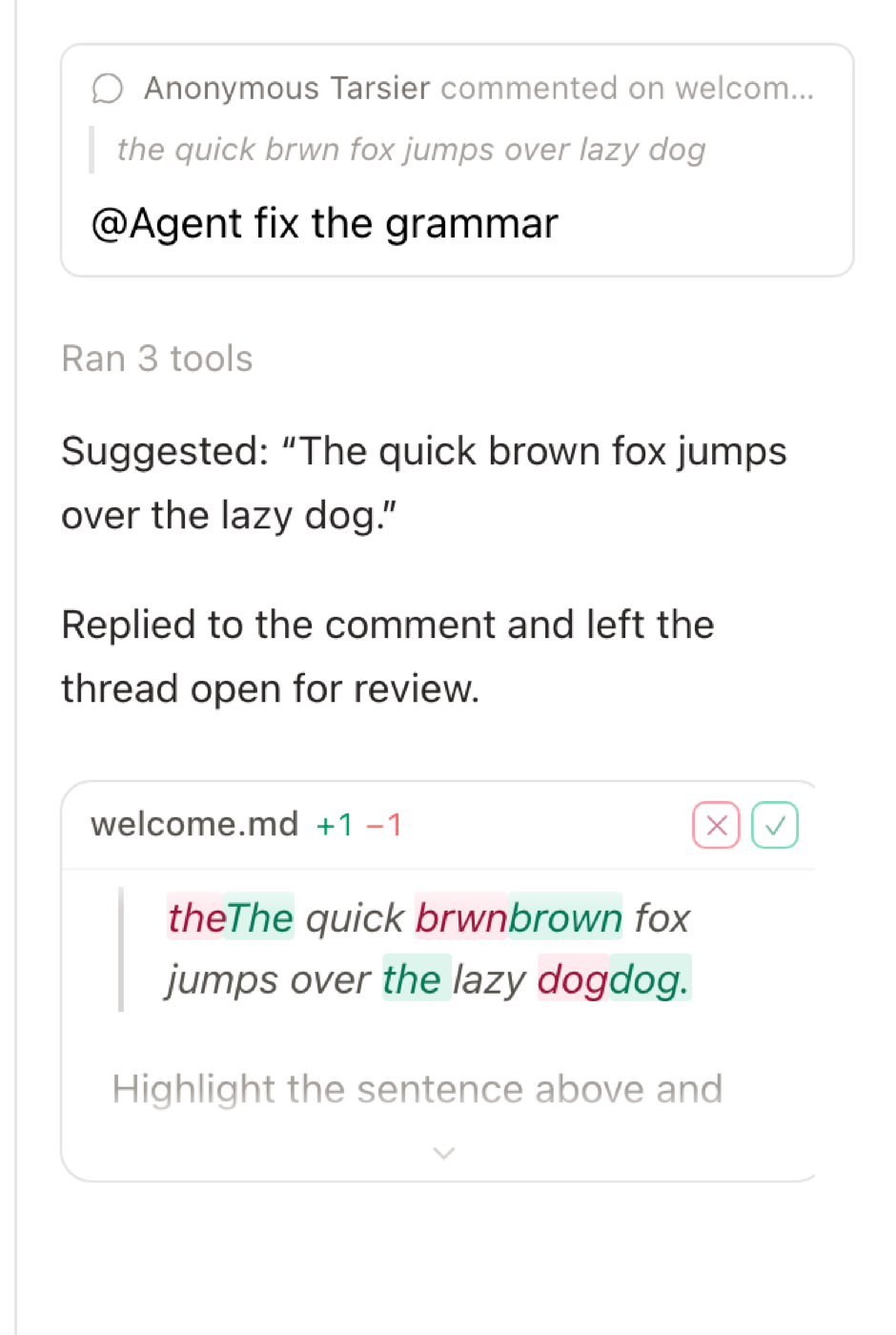 A chat turn: the comment it answered, its reply, and the change it made to welcome.md