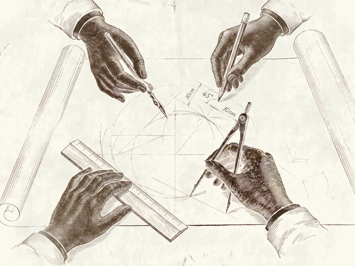 Engraving of several hands at one drafting table