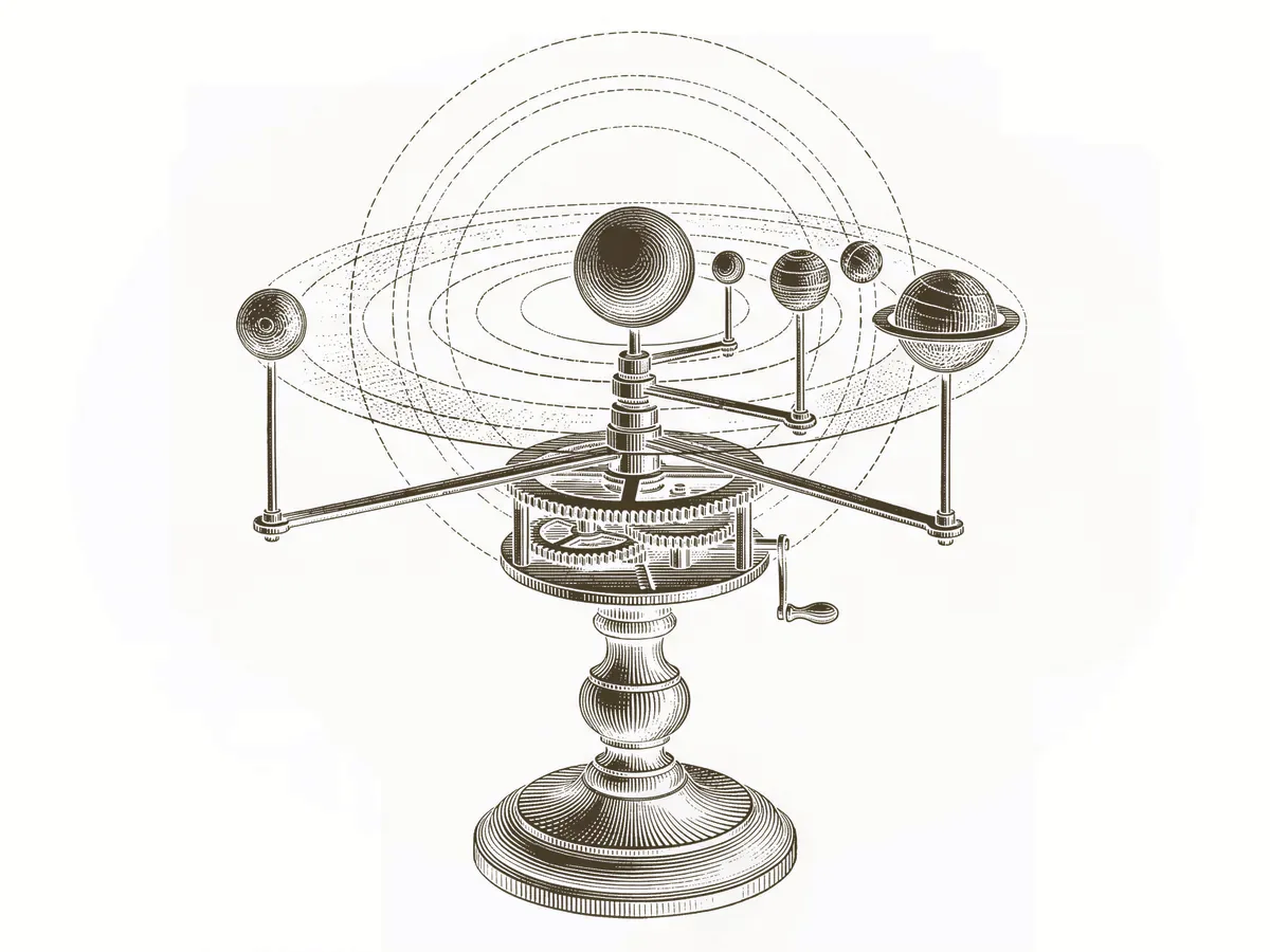 Engraving of a clockwork orrery