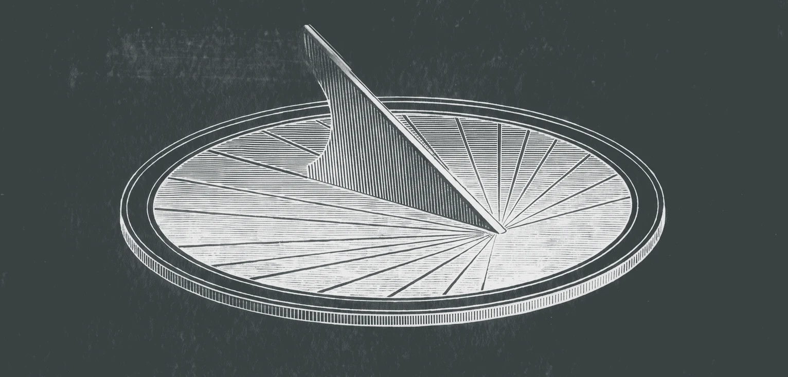 Engraved horizontal sundial, light strokes on a dark plate